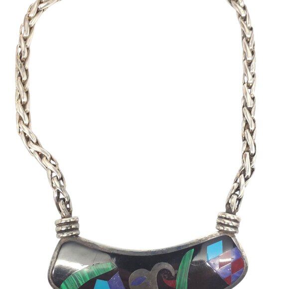 Taxco Mexico Sterling Silver Multi-Colored Inlay Necklace #22585 - Picture 11 of 11